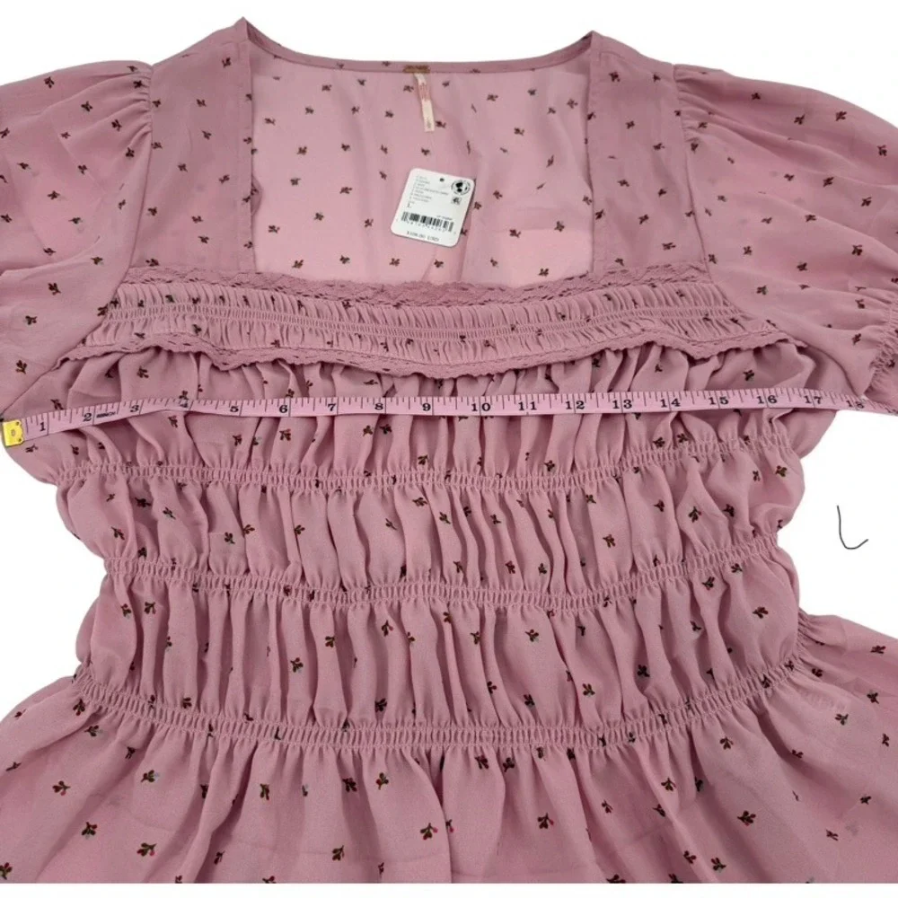 FREE PEOPLE New‎ Large Adore You Blouse Smocked Peplum Pink Floral Cottagecore